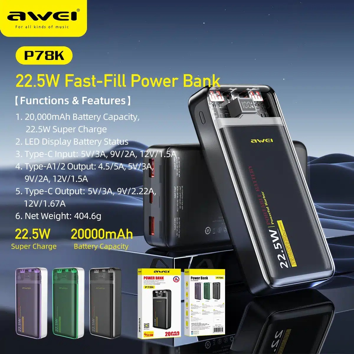 Awei P78K 20000mAh 22.5W Fast Charging Power Bank
